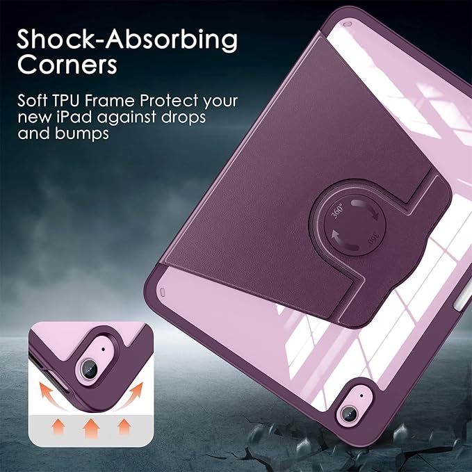Soke Rotating Case for iPad (A16) 11th Generation 2025 iPad 10th Gen 2022 with Pencil Holder [Shockproof + Auto Sleep/Wake] 360 Degree Rotation Clear Back for iPad 11/10.9 - Purple