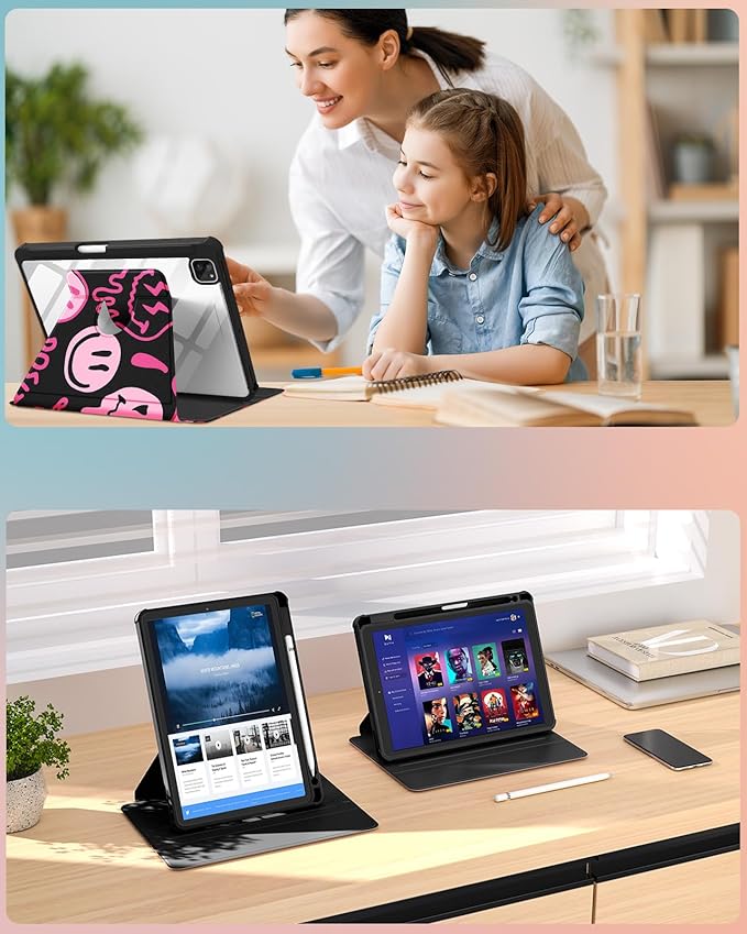 for iPad Air 11 inch Case Air 5th/4th Generation 10.9 Pro 11'' Case Women Girls for Apple Pencil Holder Cute Smile Rotating Folio Cover for iPad Air 11 2024 (M2) 10.9 2022 2020 Pro 11