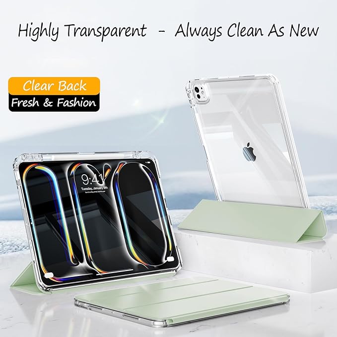 Slim Case for iPad Pro 11 Inch 4th/3rd/2nd Generation (2022/2021/2020) Clear Case with Pencil Holder Slide to Separate Auto Sleep/Wake Detachable Trifold with Stand Leather Cute Cover (Green)