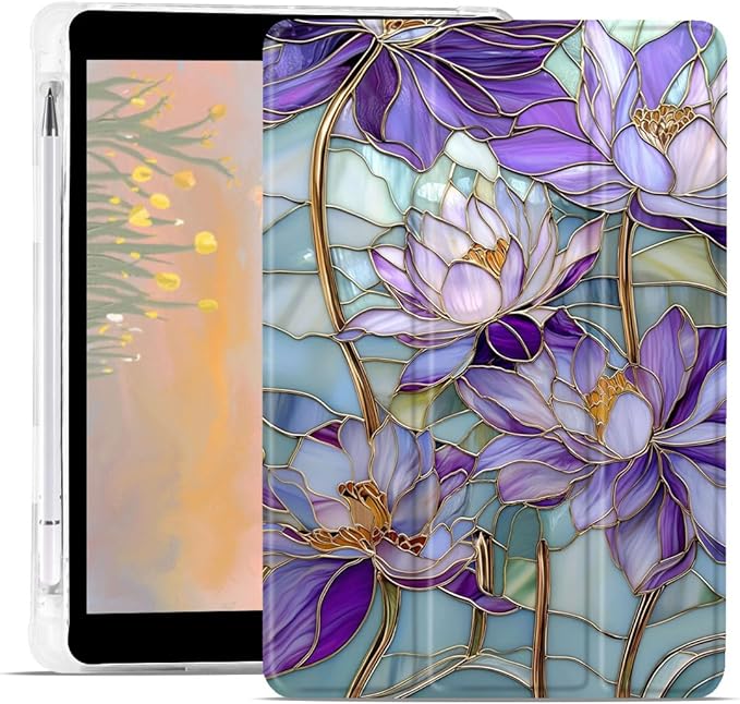 Cute Lotus Flower Case for iPad Air 13 Inch M3 2025/M2 2024 Floral Aesthetic Design Foldable Leather Protective Case Soft Back Cover with Pencil Holder