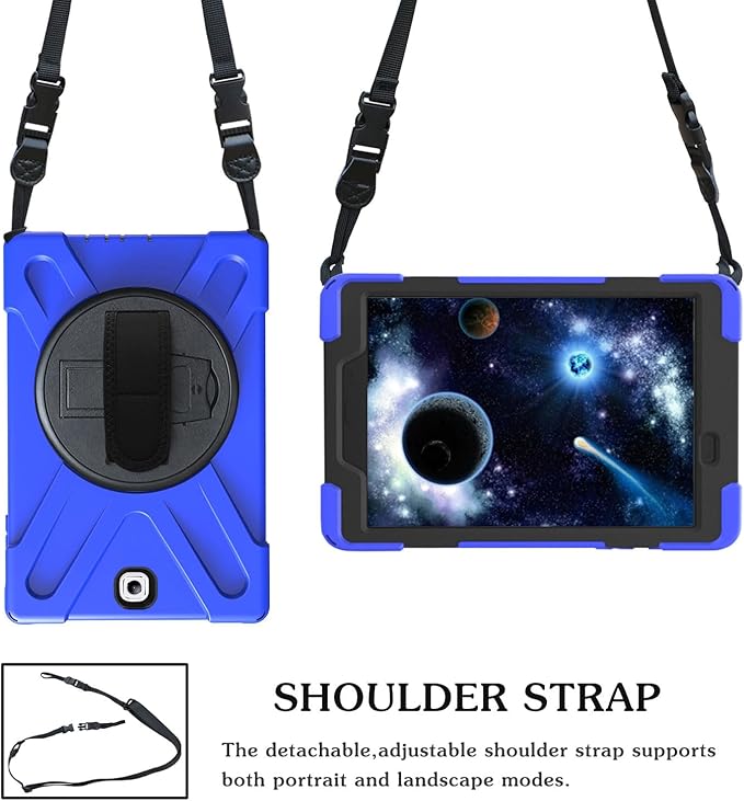 Case for Samsung Galaxy Tab A 9.7 2015 (SM-T550/T555/P550/P555)Portable Heavy Duty Dropproof Protective Cover Case with 360 Rotating StandHandle &amp Shoulder StrapStylus Pen (New Blue)