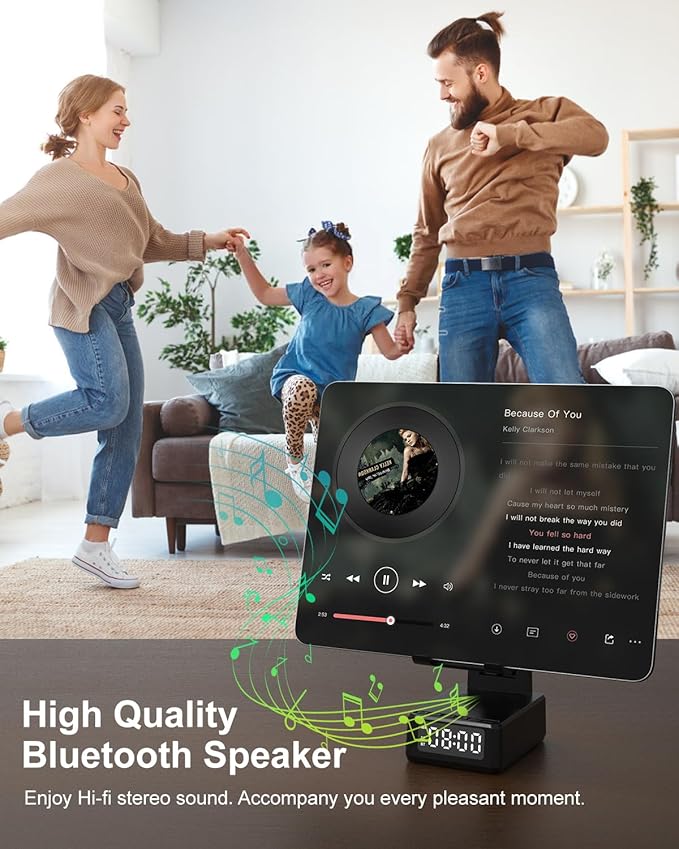 Gifts for Men Cell Phone Stand with Wireless Bluetooth Speaker and Wireless Charger Phone Charger Stand with Digital Alarm Clock for iPhone Birthday Gifts for MenBoyfriendDadWomenChristmas