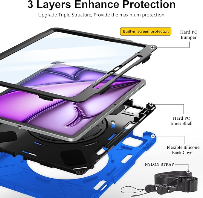 Case for iPad Air 13 Inch M4/M3/M2 (2026/2025/2024): Silicone Shockproof Case with Screen Protector - Stand - Handle - Shoulder Strap - Pen Holder- Blue