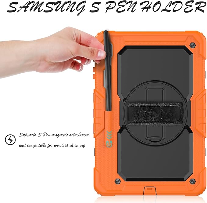 Case for Samsung Galaxy Tab S8 Plus 2022/S7 FE/S7 Plus 5G 12.4-inch Tablet Case Protective [with Screen Protector] Rotatable Kickstand S Pen Holder Hand/Shoulder Strap (Orange)