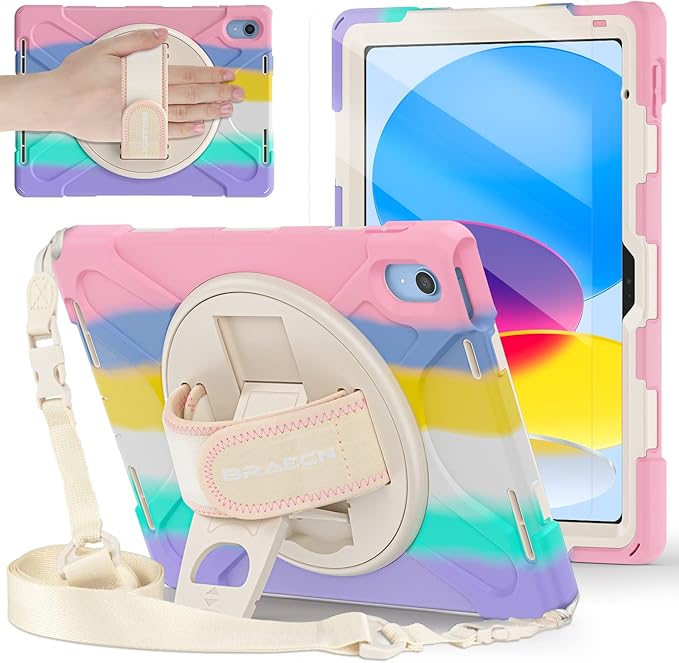 BRAECNstock Kids Case for Apple iPad (A16) 11th/10th Generation Case 11/10.9 2025/2022 Shockproof Protective with Screen Protector Pencil Holder [360°Rotating Stand+ Hand Strap] Colorful Pink