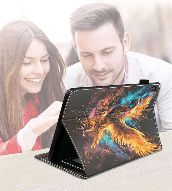 Case for Amazon Kindle Fire 7 Tablet (7 9th/7th Generation 2019/2017 Release) Slim PU Leather Cover with Card Slot &amp Auto Wake/Sleep Watercolor Art Fire Phoenix