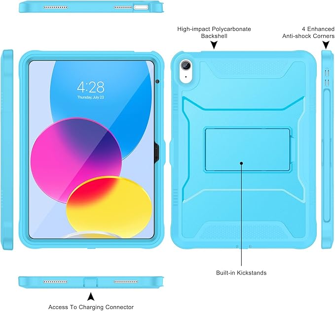 Soke Case for iPad (A16) 11th Generation 11-inch 2025 iPad 10th Generation 10.9-inch 2022 with Built-in Screen Protector and Kickstand Rugged Full Body Protective Cover - Cyan Blue