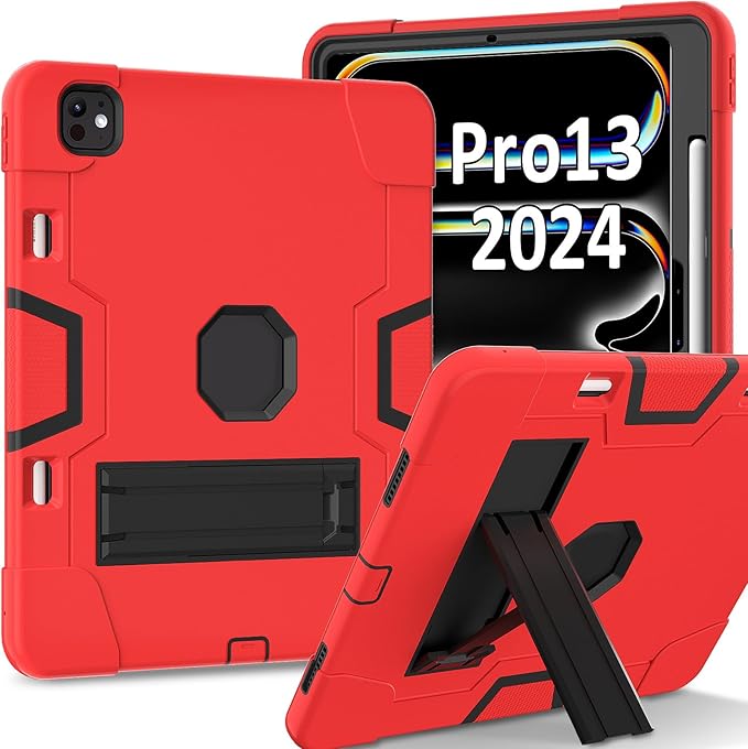 Case for iPad Pro 13 inch (2024 7th Gen) for iPad Pro 13 inch M4 2024 Case Heavy Duty Rugged Case with 360 Rotating Stand Shockproof Kids case for 2024 ipad pro 13 case Red&ampBlack