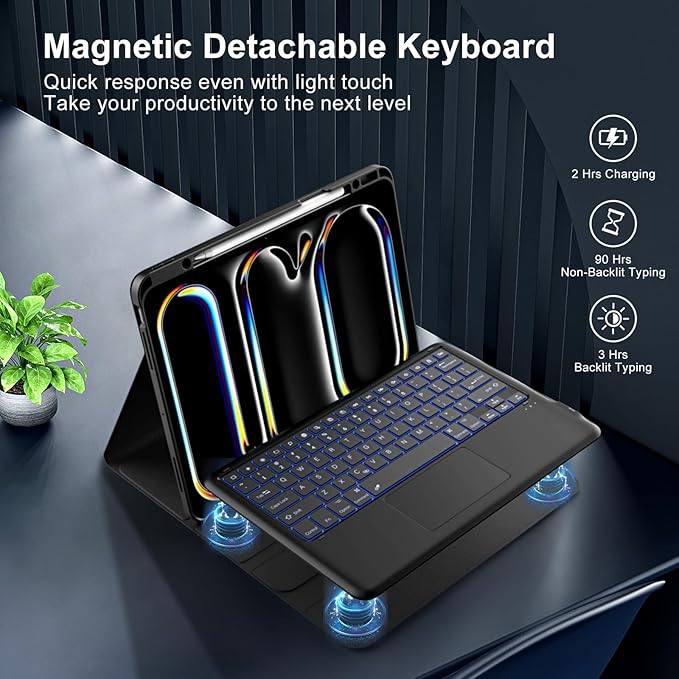 MoKo for iPad Pro 13 Inch Case with Keyboard (M4 2024) iPad Pro 13 Case with Pencil Holder Detachable Wireless Keyboard - Multi-Touch Trackpad - 7 Colors Backlight Multi Stand Black