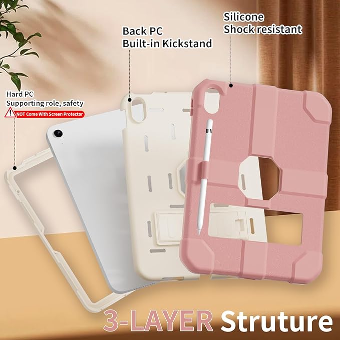 Case for iPad (A16) 11th Generation 11 Inch 2025 / iPad 10th Generation 10.9 Inch 2022 Rugged Heavy Duty Protective Cover [Built-in Pencil Holder ] for iPad 11/10 Gen (Pink)