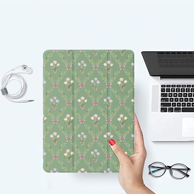 Grid Tulip Bouquet Case for iPad Pro 13-inch (M4) 2024 Protective CasePencil Holder &amp Clear Soft TPU Back &amp Trifold Smart Tablet Cover for Women (Model Number:A2925/A2926/A3007)