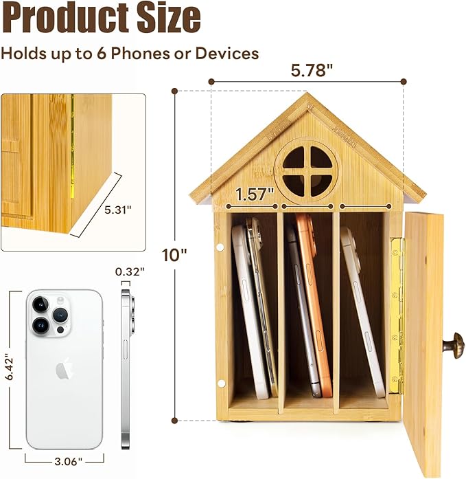 Cell Phone Box for Family Time — Premium Bamboo Phone Storage Box with Charging Ports Holds Up to 6 Phones Self-Discipline Phone Holder Helps Children and Adults Regain Focus Decorative