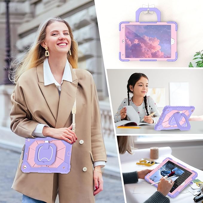 Case for iPad 9th/8th/7th Generation 10.2 Inch iPad Case 9th Generation with Screen Protector/Rotate Stand/Pen HolderMilitary Grade Shockproof i Pad 9th/8th/7th Gen CasesPurple Rose