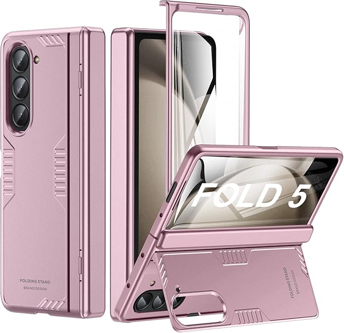 Phone Case for Samsung Z-Fold-5: [Hidden Kickstand][Wireless Charging] Slim Hinge Protection Lightweight Stand Case with Screen Protector- Protective Cover for Galaxy Fold 5 5G 2023 (Rose Gold)