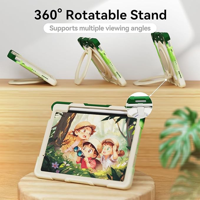 ACEMO for iPad Air 13 Inch Case M3 2025 &amp iPad Air 13 Inch M2 2024 with Pencil Holder/ 360° Rotating Kickstand/Grip Handle/Shoulder Strap for Kids Girls Heavy Duty Rugged Protective Cover Green