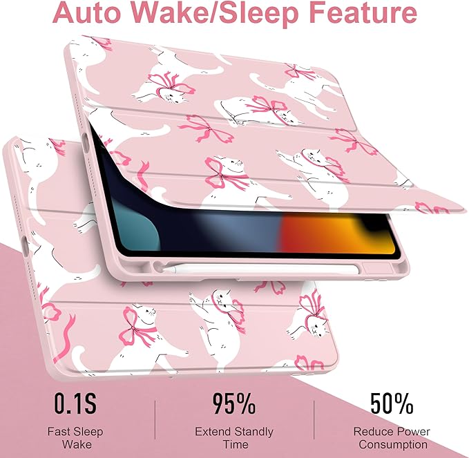 MEEgoodo Case for iPad 10.2 inchTablet Cases for iPad 9th Generation 2021/8th Gen 2020/7th Gen 2019 with Clear Acrylic Back Shell+Pencil Holder+Auto Wake/Sleep+Trifold StandCute White Cats &amp Bow