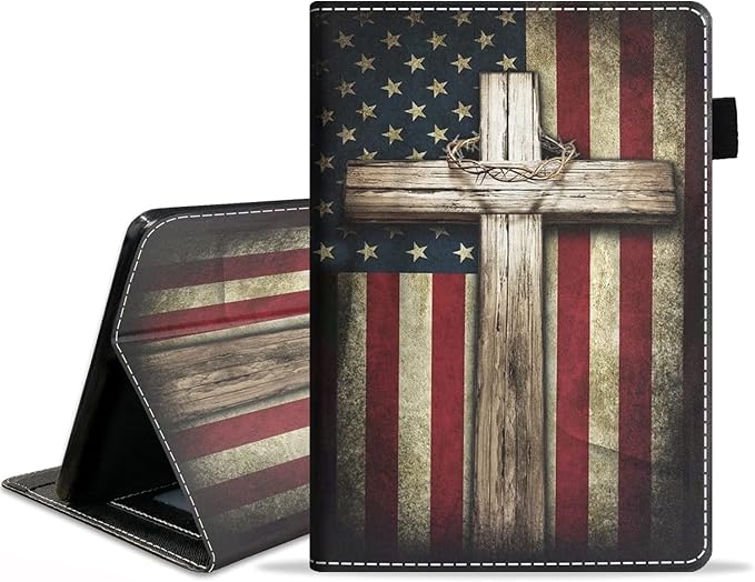 Case for Amazon Kindle Fire HD 8 &amp Fire HD 8 Plus Tablet (12th/10th Generation 2022/2020 Release) Premium PU Leather Stand Cover with Smart Auto Wake American Flag and Cross