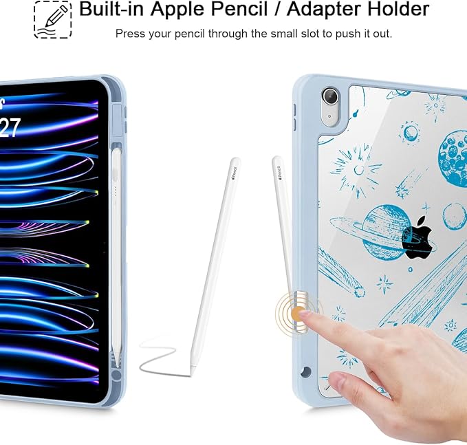 Tuiklol for iPad (A16 Chip) 11th Generation 11 inch 2025 / iPad 10th Generation 10.9 inch 2022 Case Buit in Pencil Holder with Clear Back Shell Cover Trifold Stand Auto Wake/Sleep Space Comets-Blue