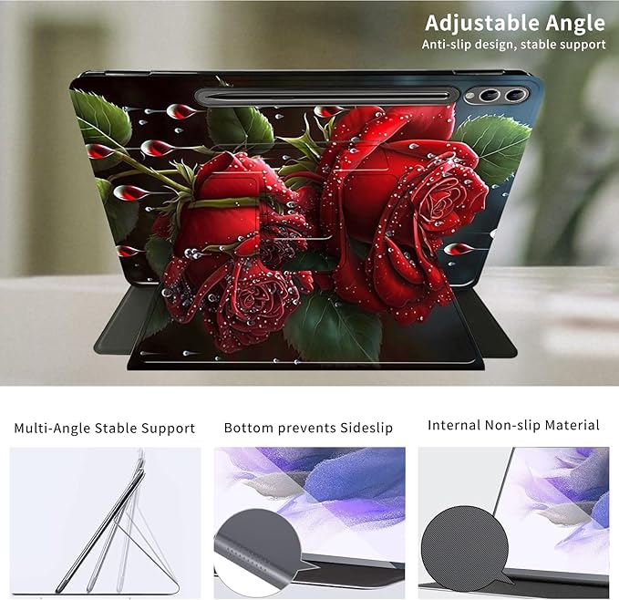 Case for Samsung Galaxy Tab S10 Plus/S9 FE Plus 12.4 with S Pen Holder-360 Rotating Multi-Angle Viewing Protective Cover with Auto Sleep/Wake for S9 Plus-Red Rose