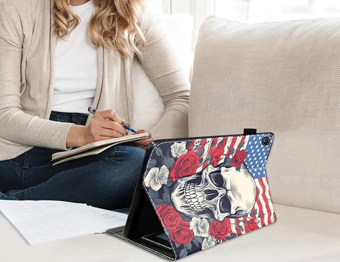 Case for Amazon Kindle Fire HD 10 Tablet 10.1 (9th/7th Generation 2019/2017 Release) Slim PU Leather Stand Cover with Card Slot &amp Auto Wake/Sleep American Flag Skull Roses