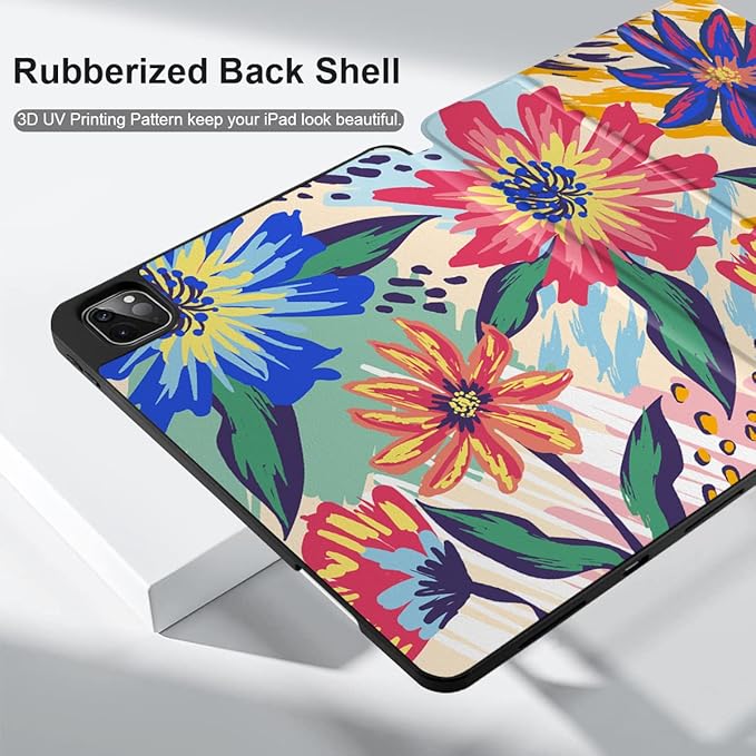 MEEgoodo for iPad Pro M2 12.9 Case 6th/5th/4th/3rd Generation 2022 2021 2020 2018 with Pencil Holder Tablet Cover with Soft TPU Back Shell Art Painted Flowers