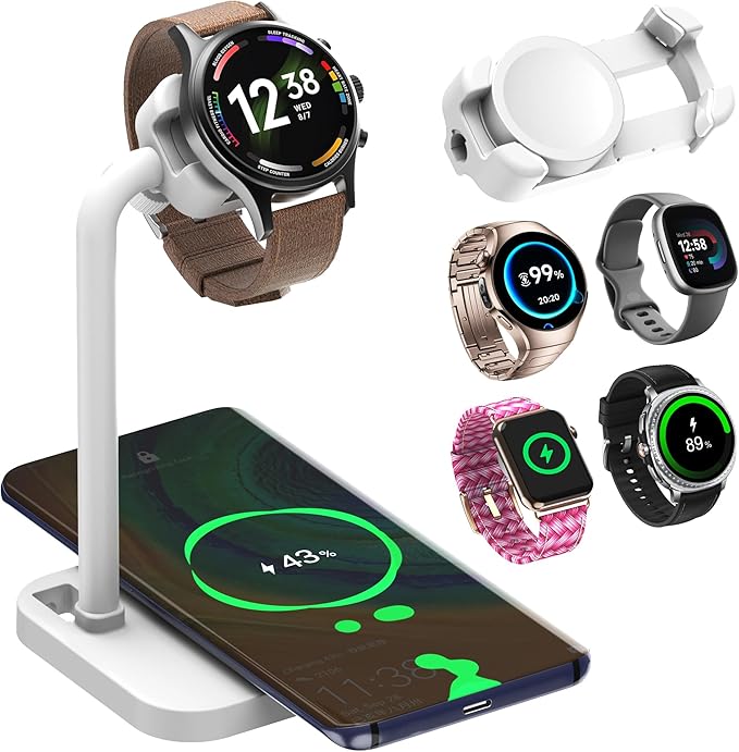 2 in 1 Universal Wireless Charging Dock with Adjustable Smartwatch Stand Compatible with Samsung/Google/Pixel/Fossil/Fitbit/Garmin/Huawei/AMAZTIM/Amazfit/Suunto/xiaomi(2SW-W)