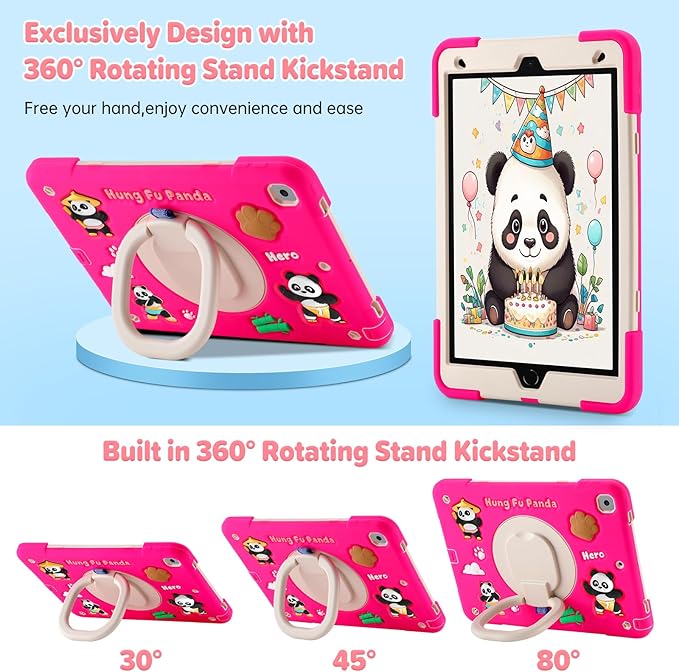Case for iPad 9th/8th/7th GenerationCute 3D Cool Panda Warrior Design Cover with Screen Protector Rugged Protective Cartoon Case with Stand/Strap/Pen Slot for iPad 10.2 Kids Teens (Rose+White)