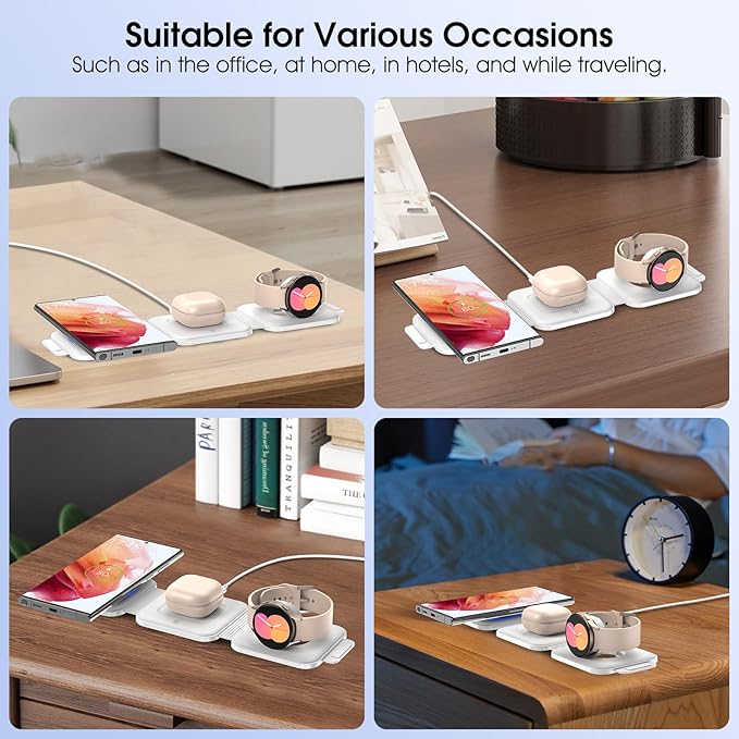 Pocket Wireless Charging Station for Samsung Android Devices Foldable Travel Charger Pad for Samsung S25 S24 S23 Ultra Z Flip Fold 6 Wireless Watch Charger for Galaxy Watch 7/6 for Buds 3 Pro-White
