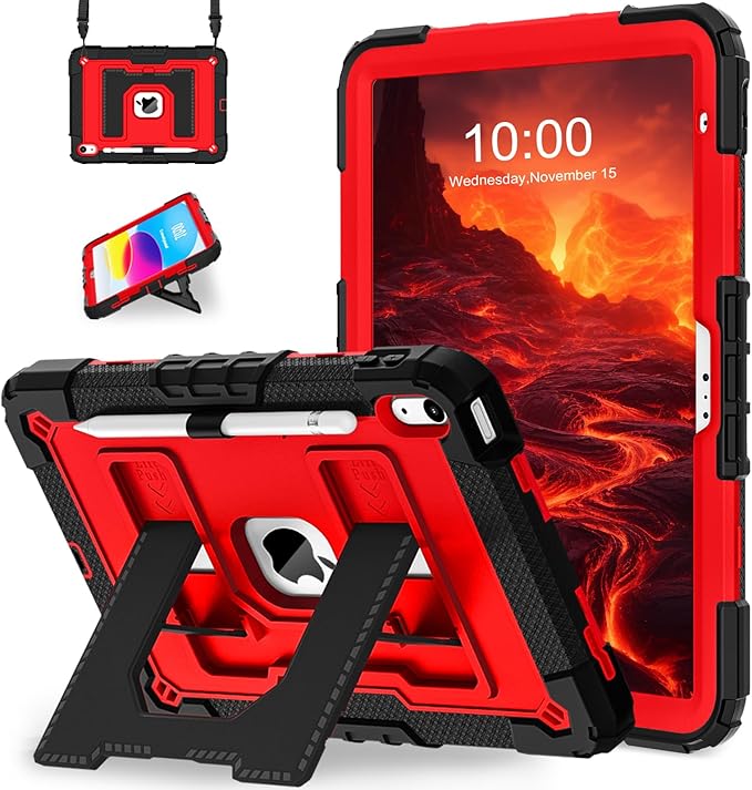 WESOROL Case for iPad A16 11th Generation 11 Inch (2025) iPad 10th Generation 10.9 Inch (2022)i Pad A16 Case Military Grade Shockproof Cases with Pencil Holder Shoulder StrapBlack Red