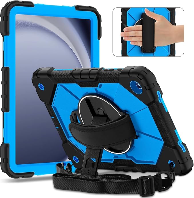 Case for Samsung Galaxy Tab A9 Plus(X210/X216/X218)/A11+ 11 Inch 2025 (X230/X236B) Heavy Duty Shockproof Rugged 360 Rotating Hand Strap Protective Tablet Case for Tab A11 Plus Black+Blue