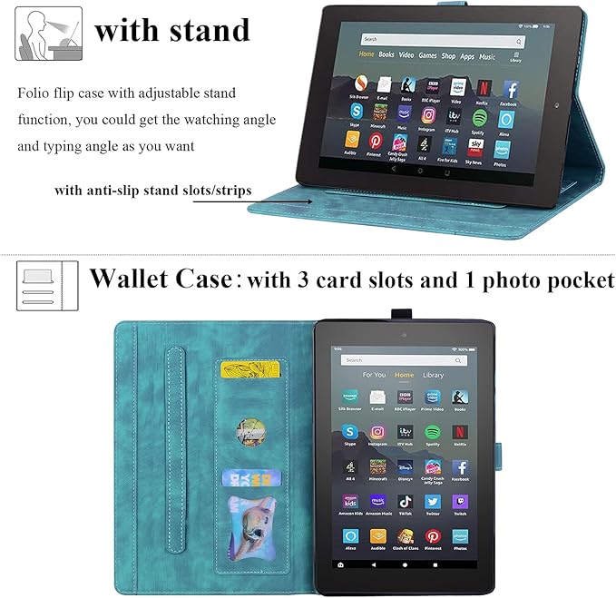 for Amazon Kindle Fire HD 8 &amp Fire HD 8 Plus Case 12th/10th Generation (2024/2022/2020) 8 UUcovers Embossed PU Leather Folio Magneic Cover with Stand/Pencil Holder Cherry Blossom Green Cat