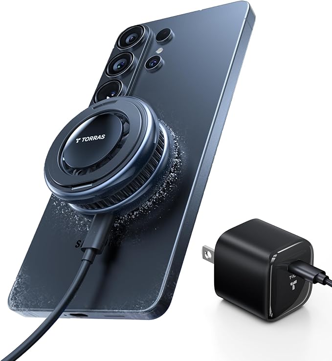 TORRAS PolarCircle Qi2.2 Wireless Charger 25W Cooling Magnetic Pad for Samsung Galaxy S26/S25 Wireless Charger for iPhone 17/16 with 360°Spin Stand Semiconductor Phone Cooler with 45W IceNano Plug