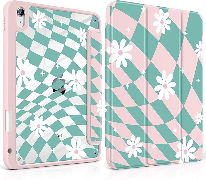 DONGKE Case for iPad (A16) 11th Generation 11 inch 2025 &amp iPad 10th Gen 10.9 inch 2022 [Built-in Pencil Holder] Clear Acrylic Back Trifold Stand Smart Cover Auto Sleep/Wake Checkered &amp Dais