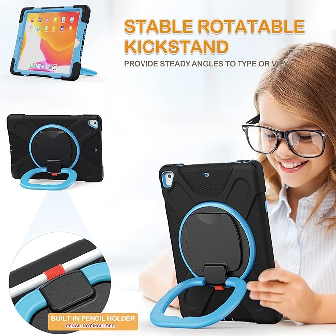 BRAECN Case for 9.7 iPad 6th/5th Generation iPad Air 2 &amp iPad Pro 9.7-Inch Heavy Duty Rugged Silicone Cover with 360 Rotating Handle Grip Pencil Holder Kickstand Shoulder Strap - Black+Blue