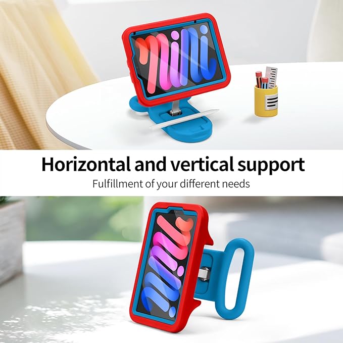 Kids Case for iPad mini 7 (A17 Pro) 2024 / iPad mini 6 2021 Child Friendly Case with Adjustable Portrait/Landscape StandHeavy Duty Cover with Screen Protector for iPad mini 7/6 8.3 inch(Redblue)