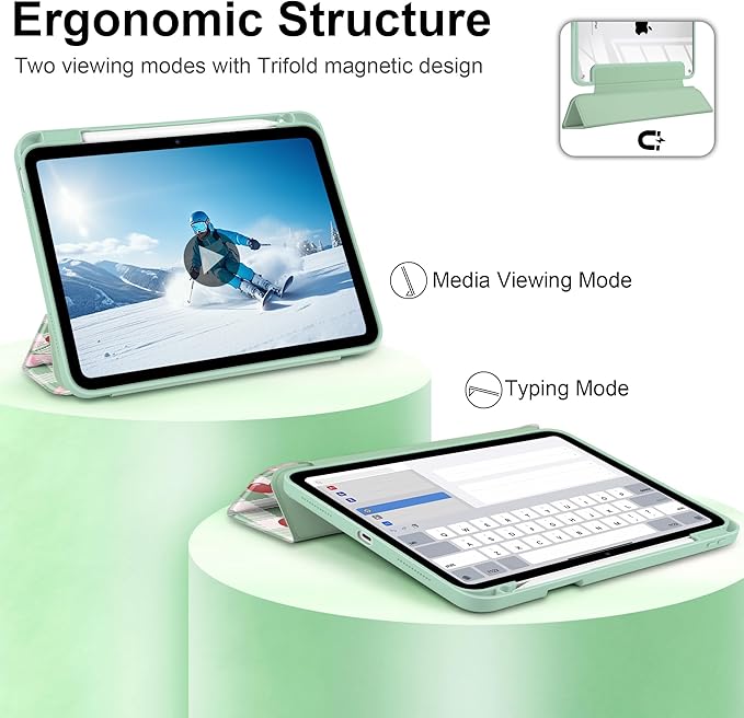 DONGKE Case for iPad (A16) 11th Generation 11 inch 2025 &amp iPad 10th Gen 10.9 inch 2022 [Built-in Pencil Holder] Clear Acrylic Back Trifold Stand Smart Cover Auto Sleep/Wake Green Cherry