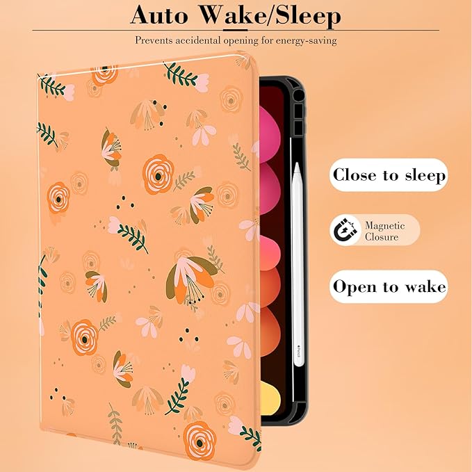 MAYCARI Fall Orange Leaves Flowers iPad Case for iPad mini 6 2021 8.3 Inch with Pencil Holder Handmade iPad mini 6th Generation Case Autumn Fine Grained iPad Protecitve Hard Case with Auto Wake/Sleep