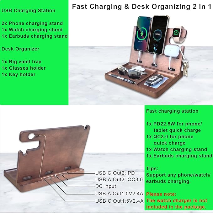 Wood Phone Docking Station Nightstand Organizer Charging Station with QC 3.0 &amp PD22.5W USB C Charger Fast Charging for iPhone Samsung Android Watch Airpod Anniversary Birthday Gifts for Men