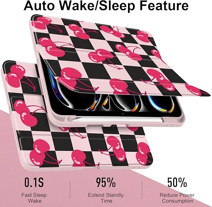 DONGKE for iPad Pro 11-Inch Case (M5 2025 / M4 2024) 6th/5th Generation [Auto Sleep/Wake &amp Pencil Pro Holder] Clear Acrylic Back Smart Trifold Stand Cover Cherry Checkers