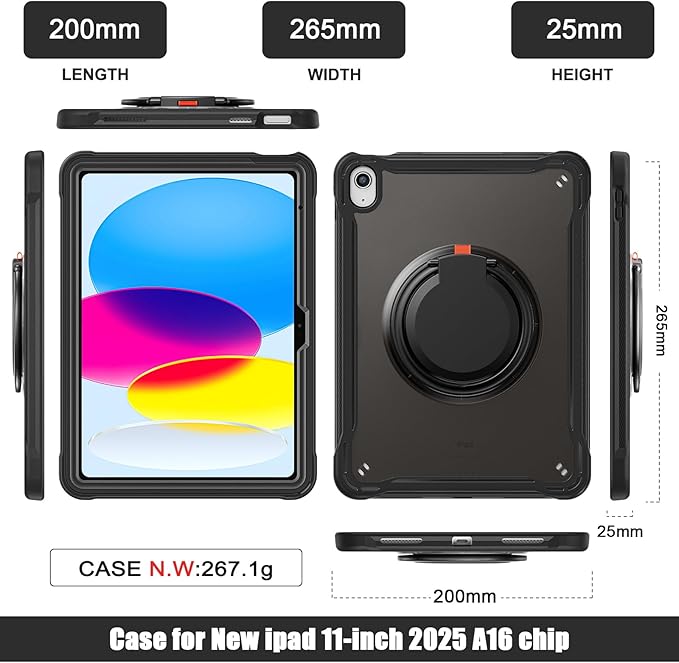 Batianda Ultimate Protective Case for New iPad 11th Generation 11 inch 2025 A16 Chip Sturdy Rugged Shockproof Silicone Tablet Cover with 360° Rotatable Ring Kickstand &amp Pencil Holder All Black