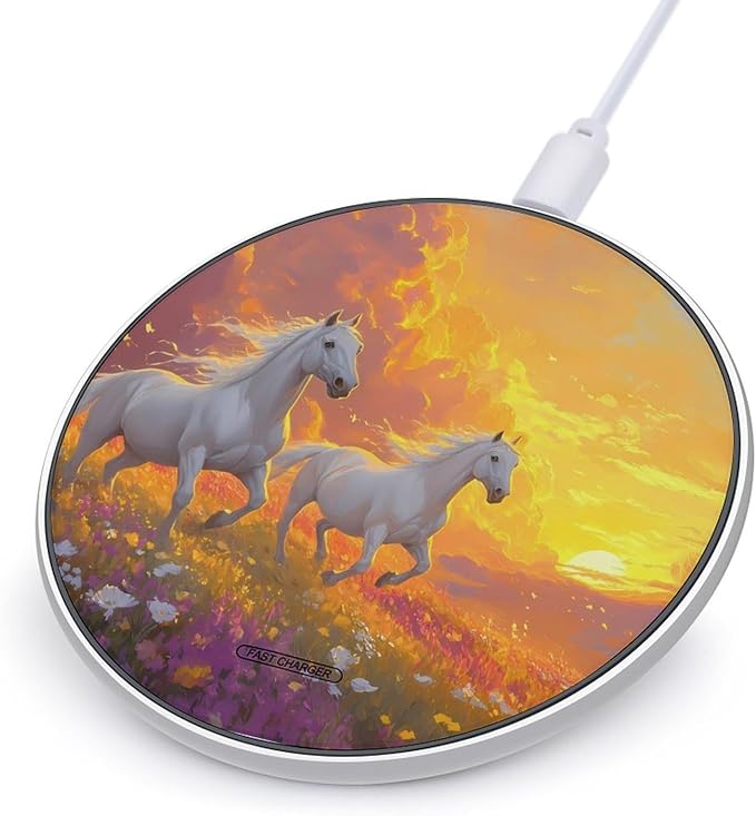 Horses Running Flower Field Sunrise Phone Charger Magnetic Charging Pad Anti-Slip with USB Cable