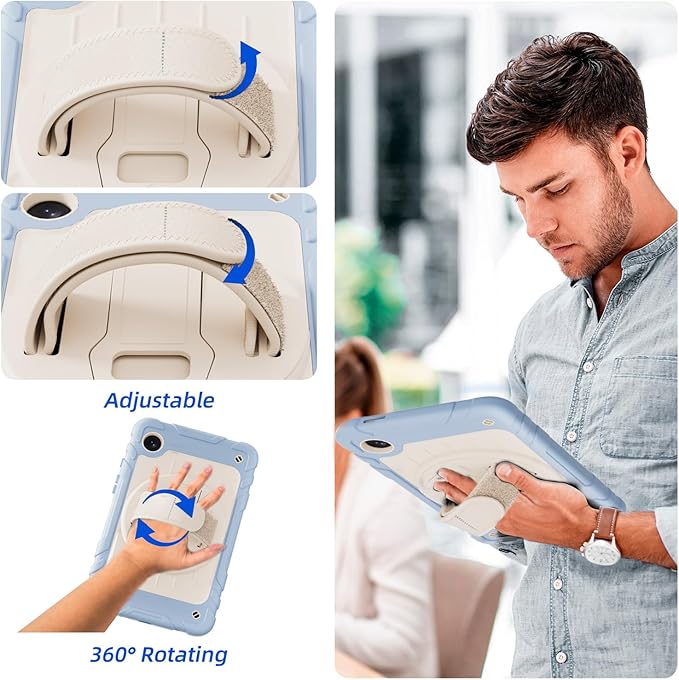 Case for Samsung Galaxy Tab A9 Case 8.7 Inch 2023 with 360 Rotating Hand Strap &amp Shoulder StrapProtective Case for Galaxy Tab A9 8.7 Tablet SM-X110/X115/X117 (Iceblue+White)