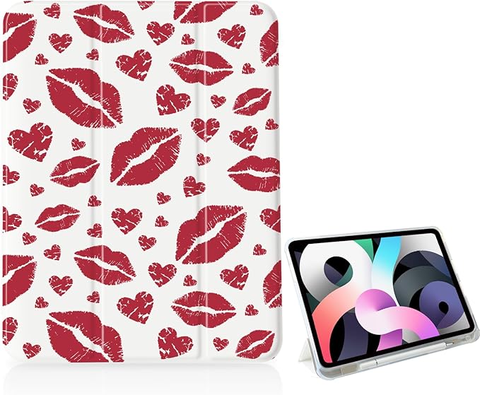 Red Lips Heart Case for iPad 11 Inch (A16) 11th 2025/iPad 10.9 Inch 10th Gen 2022[Pencil Holder+Auto Sleep/Wake]Slim Trifold Stand Protective Cover with Soft TPU BackWhite