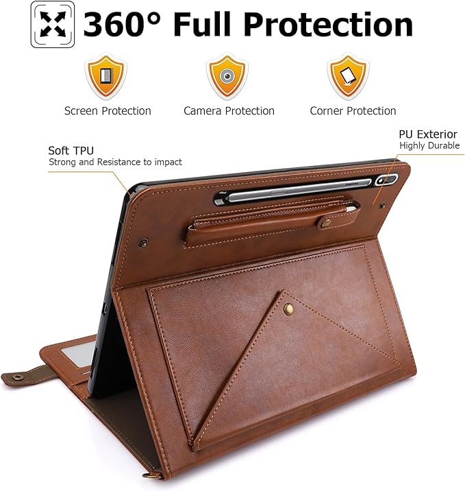 Dteck Case for Samsung Galaxy Tab S9 FE 10.9Galaxy Tab S9/S8/S7 Case 11PU Leather Business Stand Protective Cover with S Pen Holder Card Slots Shoulder Hand Strap Handbag Wallet CoverCoffee