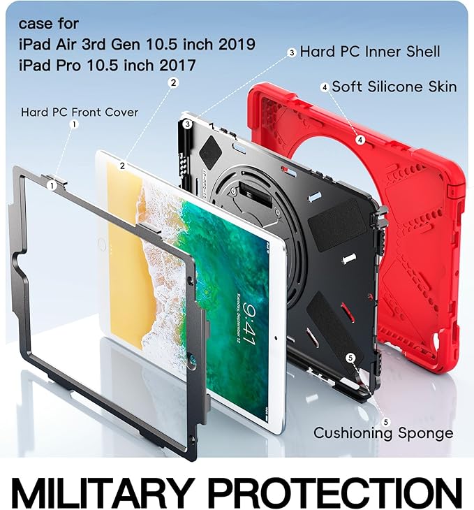 BRAECN Case for iPad Air 3rd Generation 2019 / iPad Pro 10.5 inch 2017 Rugged Heavy Duty Shockproof Cover with Pencil Holder 360° Rotating Kickstand &amp Adjustable Hand Strap &amp Shoulder Strap