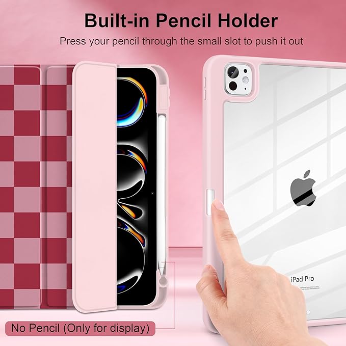 TWOLSKOO Case for iPad Pro 11-inch (M5 2025 / M4 2024) Clear Acrylic Back with TPU Bumper Pencil Holder Trifold Stand Auto Sleep/Wake Pink Checkerboard