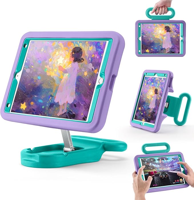 Kids Case for iPad 9th Gen 2021/ iPad 8th Gen 2020/ iPad 7th Gen 2019 Adjustable Portrait/Landscape Stand Drop Proof with HandleChild Friendly Cover for iPad 10.2 Inch (PurpleGreen)