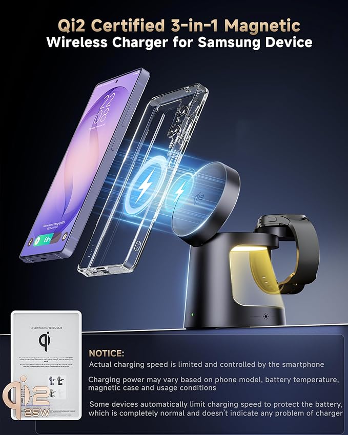 Qi2 Certified Magnetic Wireless Charger for Samsung 3-in-1 Fast Mag-Safe Charging Station with Night LightCompact Travel Charger Stand for S26 Ultra/S25 Ultra &ampGalaxy Watch Ultra 8/7