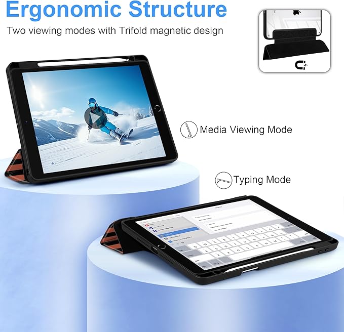 DONGKE for iPad 9th/8th/7th Generation Case 10.2 Inch (2021/2020/2019) [Auto Sleep/Wake &amp Pencil Holder] Clear Acrylic Back Trifold Stand Cover Orange Stripes