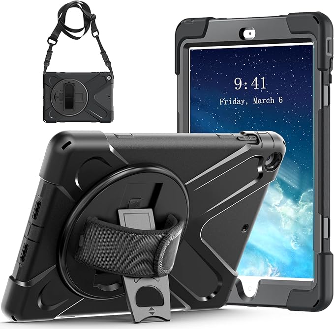 iPad Air Case 1st Generation 2013 TSQ iPad Air 1 Case Heavy Duty Shockproof Military Grade Rugged Protective Case w/Rotating Stand Hand Shoulder Strap for iPad Air 9.7 Inch A1474/A1475/A1476-Black